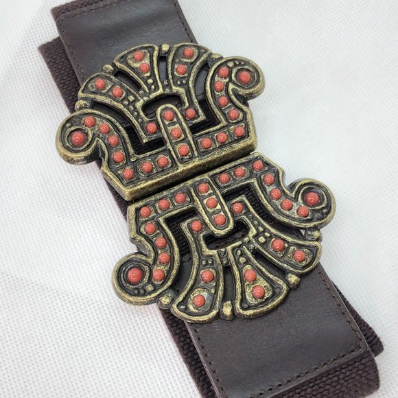 Vintage 90s Y2K Another Line Brown Faux Coral Cluster Elastic Stretch Belt 30" - Picture 2 of 7